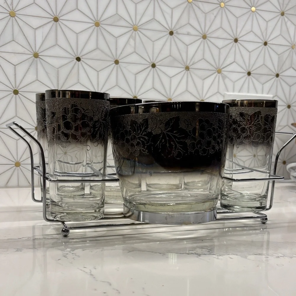 MCM Dorothy Thorpe Grape Pattern Silver Fade Ice Bucket & Six 12 Oz. Tumblers